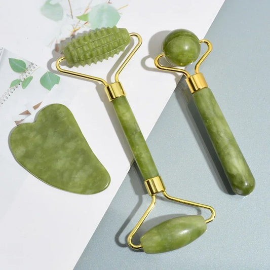 Natural Jade Roller and Gua Sha Set for Facial and Neck Massage - Acupoint Eye Care Spa Tools for Lifting and Relaxation